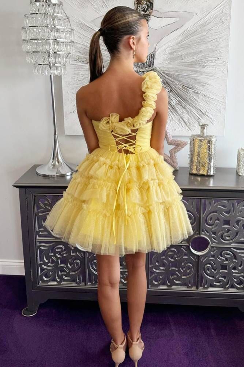 Yellow One Shoulder A Line Tulle Tiered Short Cocktail Dress
