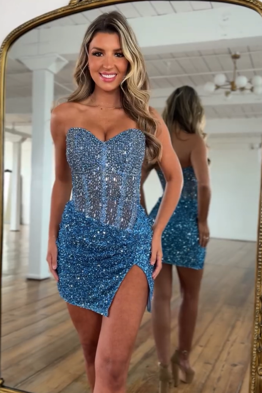 Champagne Strapless Bodycon Sequins Short Corset Cocktail Dress With Beading