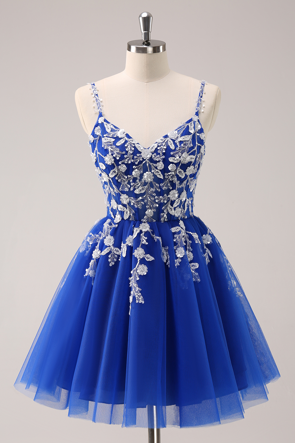 Royal Blue Spaghetti Straps A Line Tulle Cocktail Dress With Appliques 1