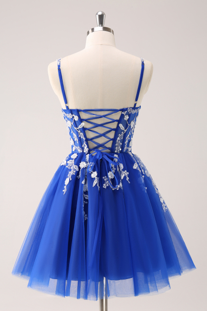 Royal Blue Spaghetti Straps A Line Tulle Cocktail Dress With Appliques 1