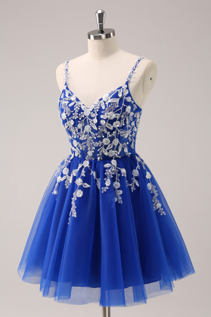Royal Blue Spaghetti Straps A Line Tulle Cocktail Dress With Appliques 1