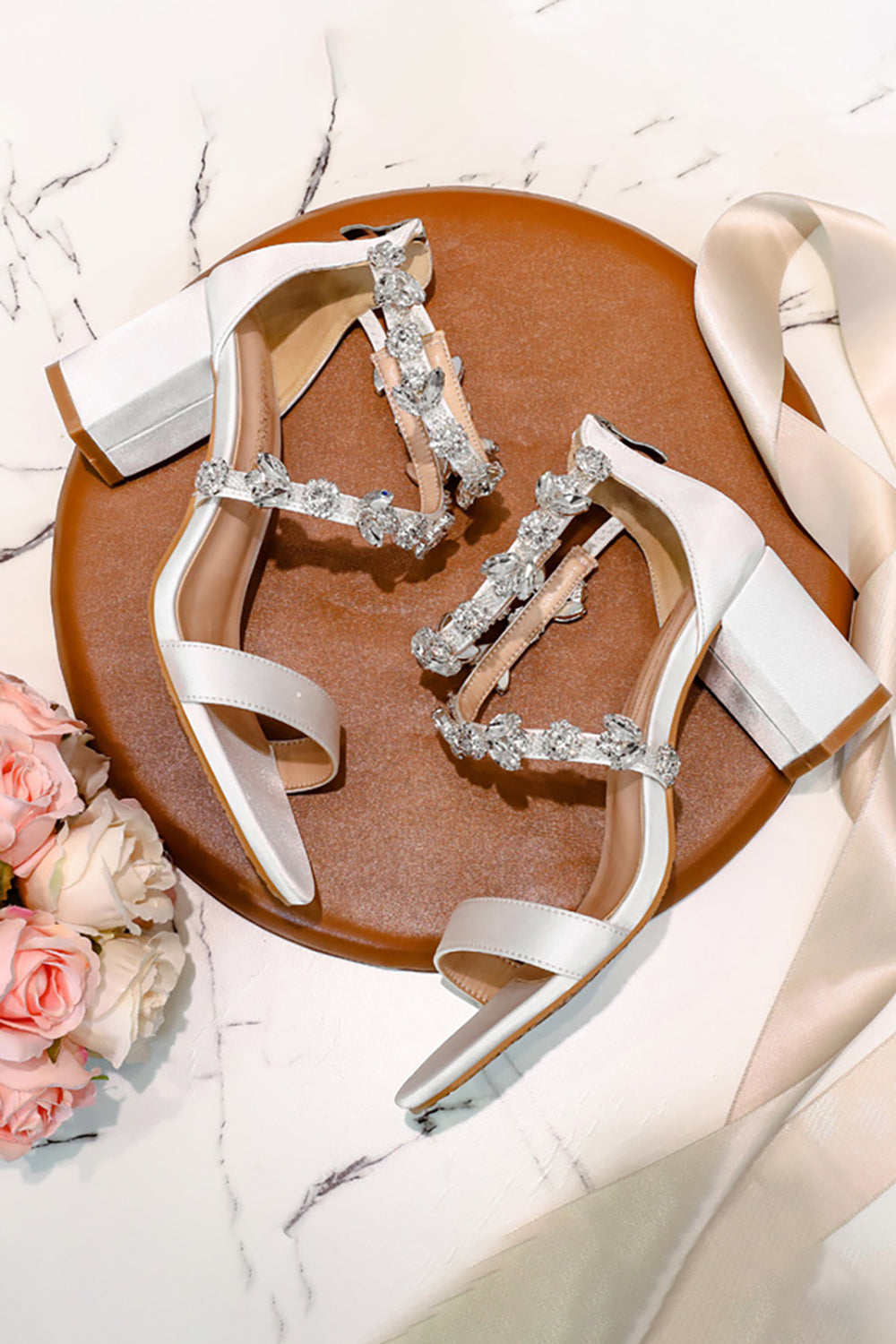 White Chunky High Heel Sandals with Rhinestones