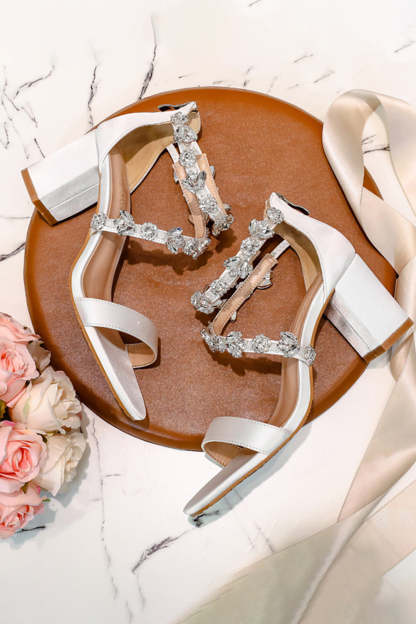 White Chunky High Heel Sandals with Rhinestones