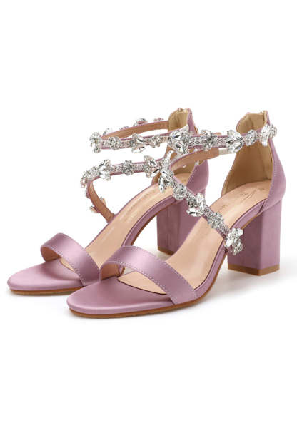 White Chunky High Heel Sandals with Rhinestones