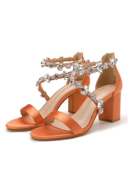 White Chunky High Heel Sandals with Rhinestones