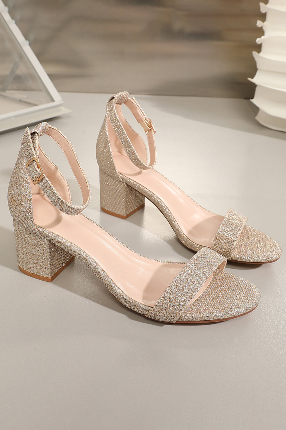 Chunky Heeled Sandals with Light Golden Ankle Straps