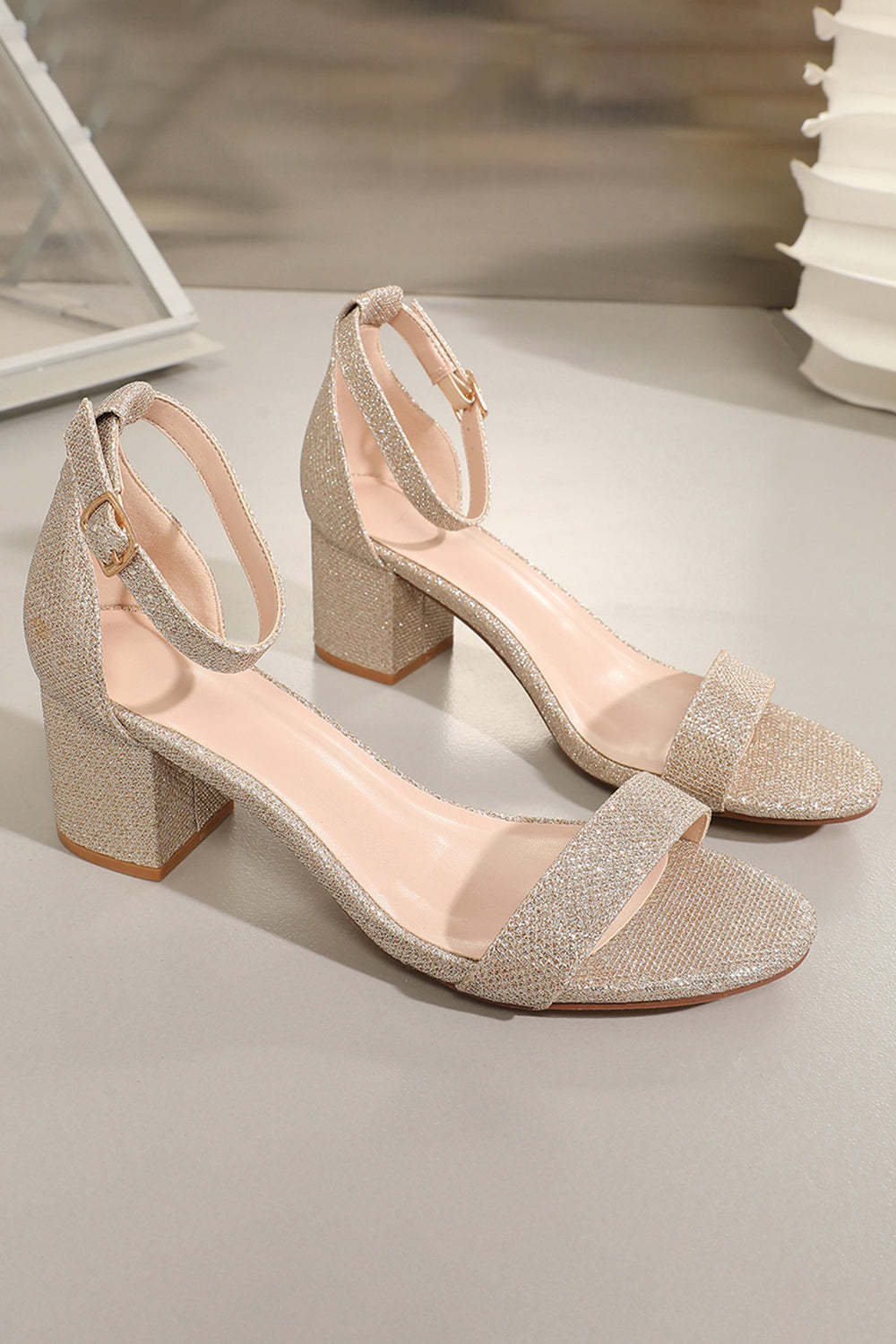 Chunky Heeled Sandals with Light Golden Ankle Straps