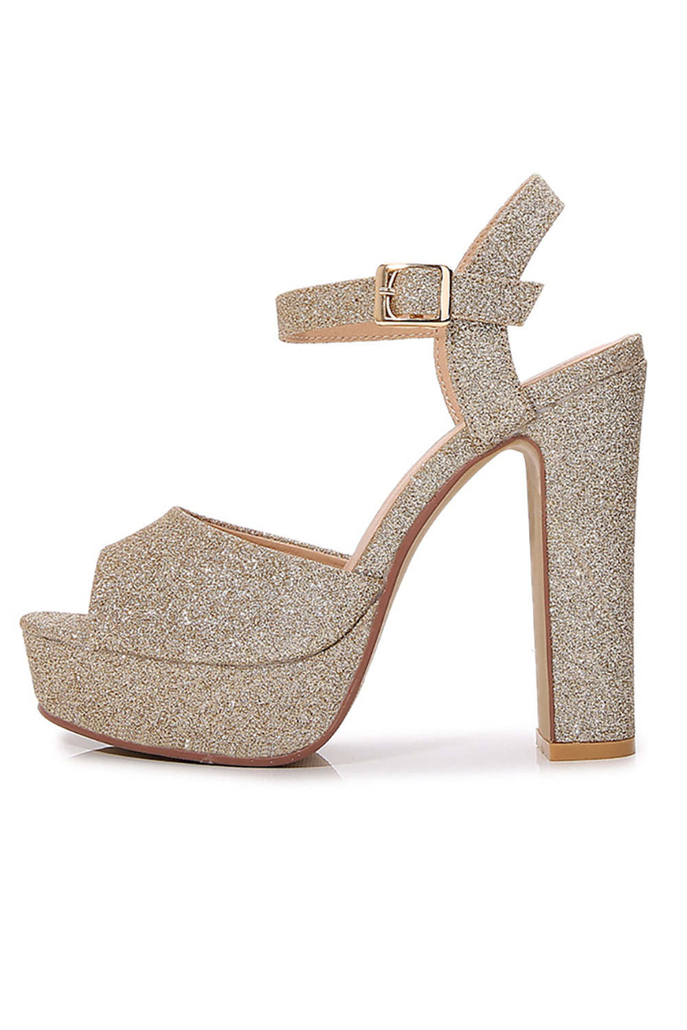 Light golden one-strap high heel sandals with a chunky design