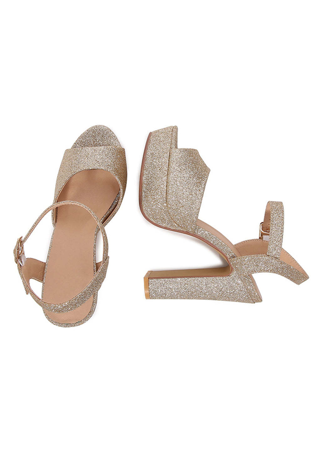 Light golden one-strap high heel sandals with a chunky design