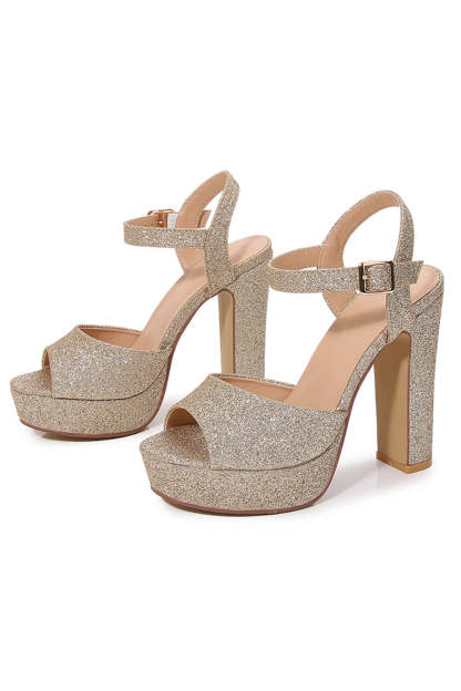Light golden one-strap high heel sandals with a chunky design