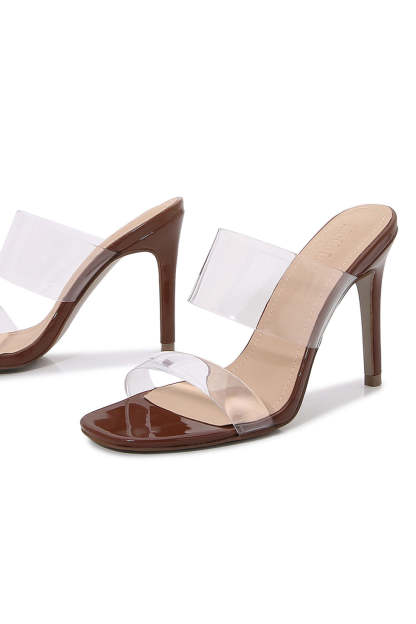 Clear Peep-Toe Stiletto Heel Slip-On Sandals in Apricot