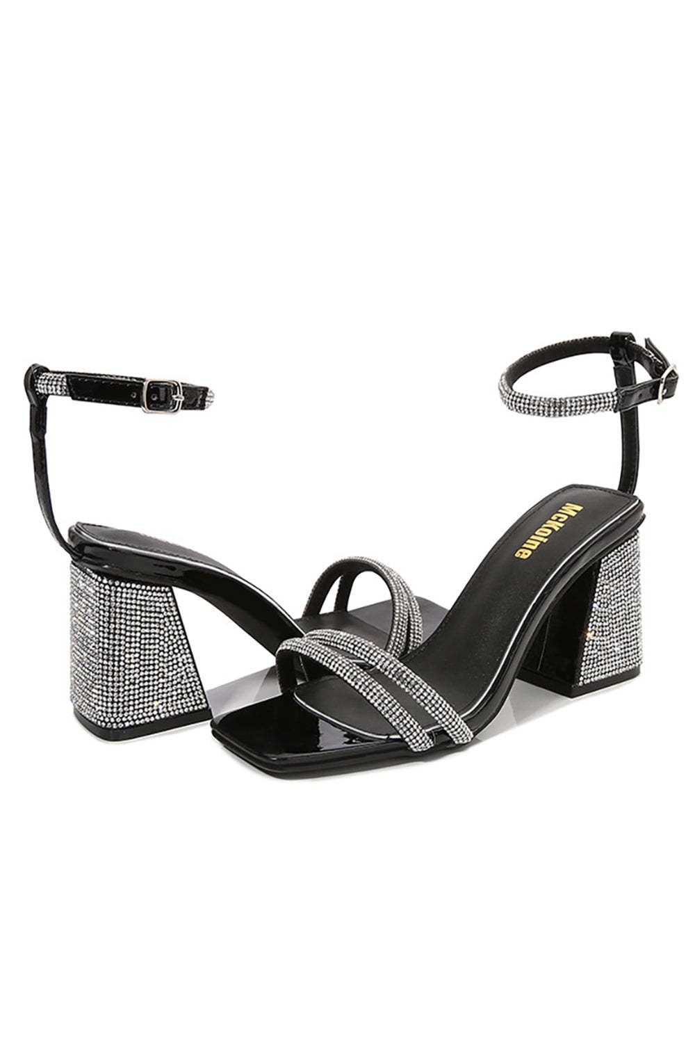 Thick-Heeled Black Striped High Heels with Square Toe