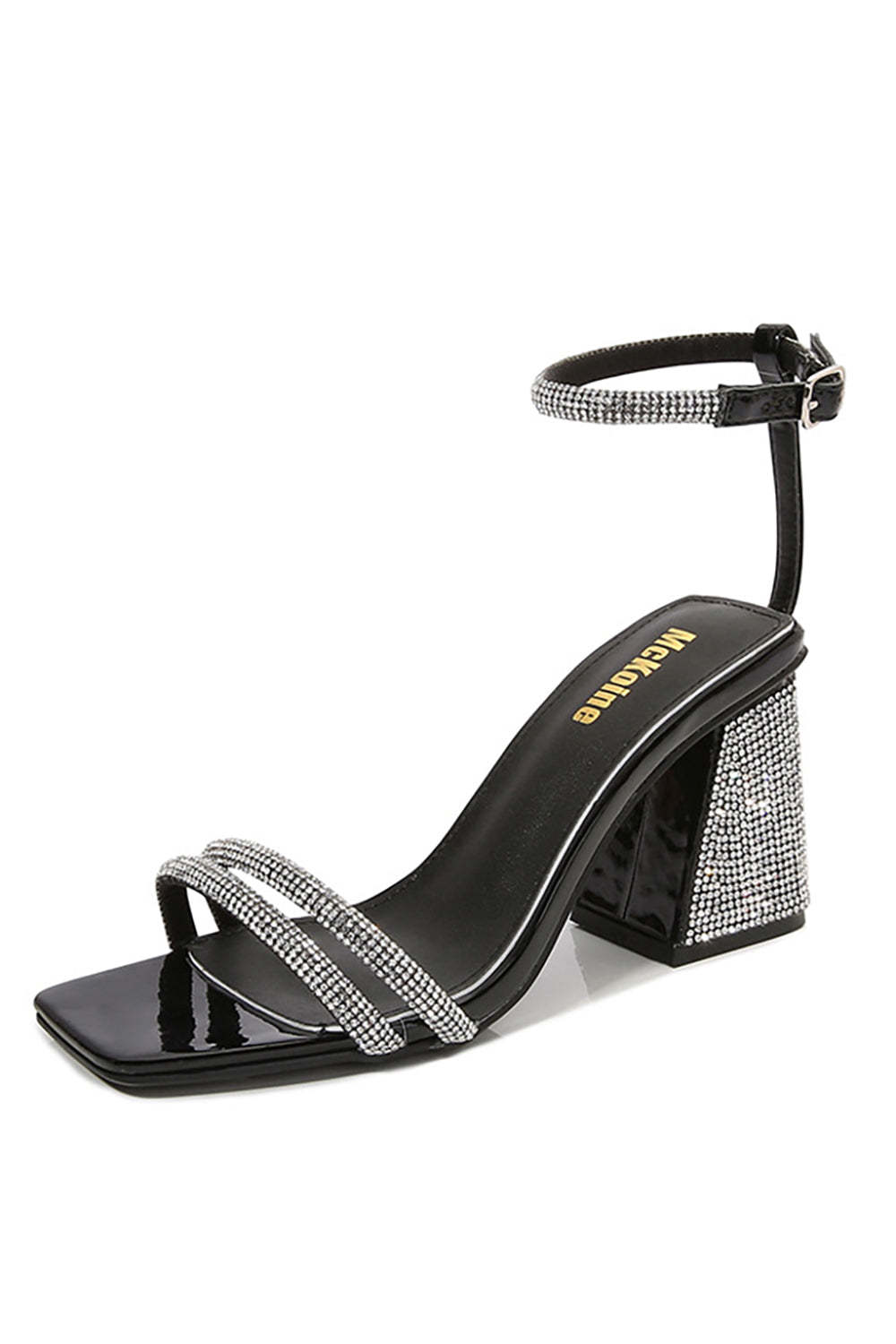 Thick-Heeled Black Striped High Heels with Square Toe