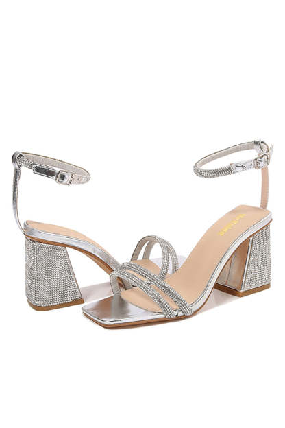 Thick-Heeled Black Striped High Heels with Square Toe