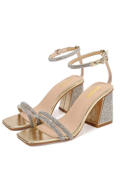 Thick-Heeled Black Striped High Heels with Square Toe