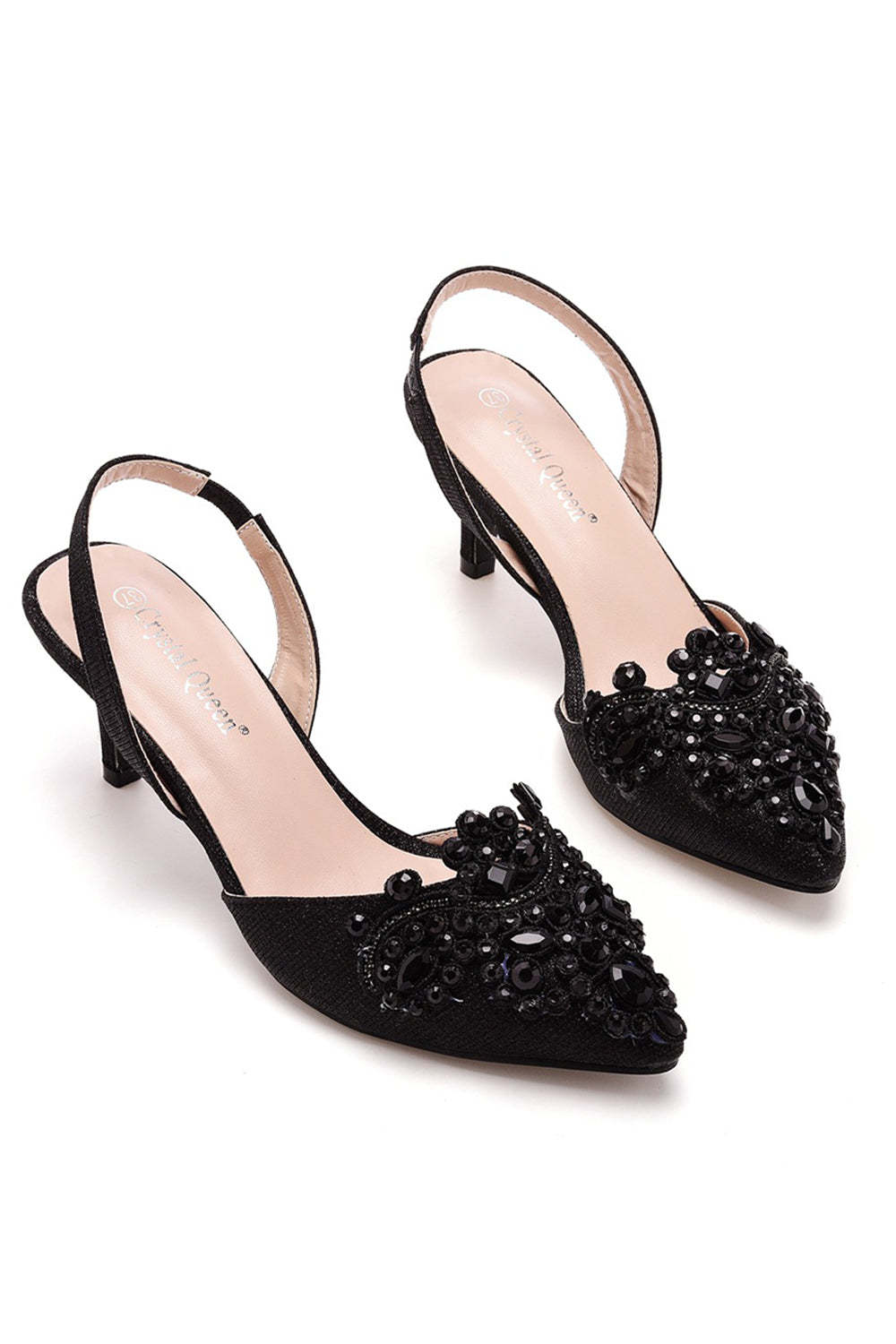 Pointed Toe Black Rhinestone Slingback Sandals with Block Heels