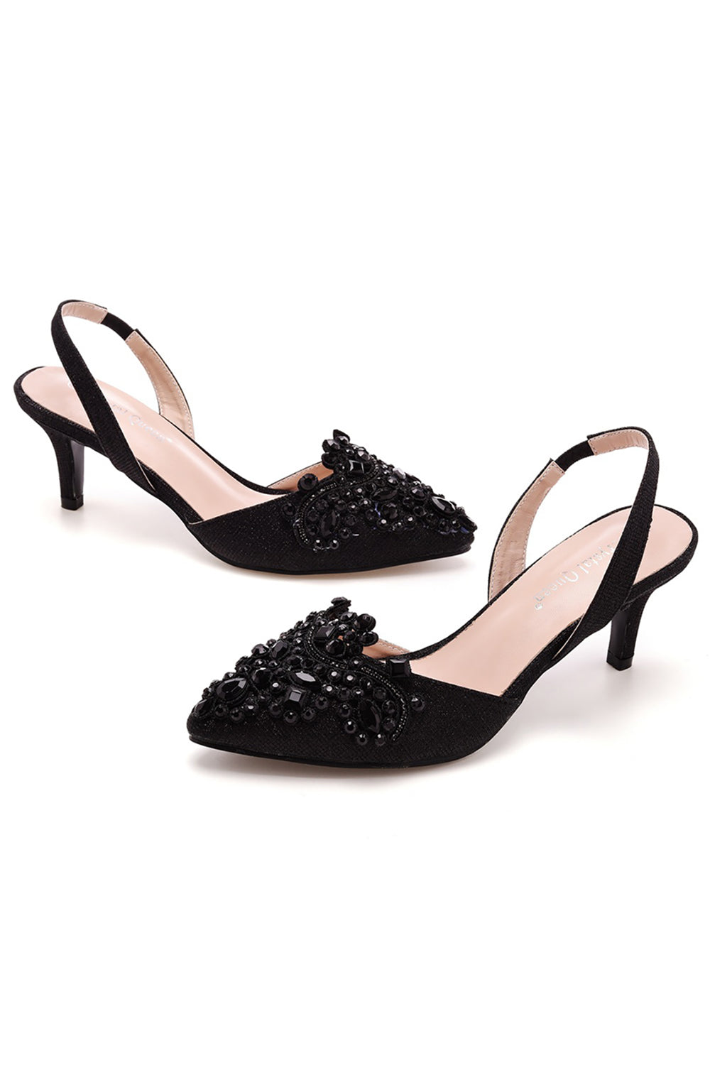 Pointed Toe Black Rhinestone Slingback Sandals with Block Heels