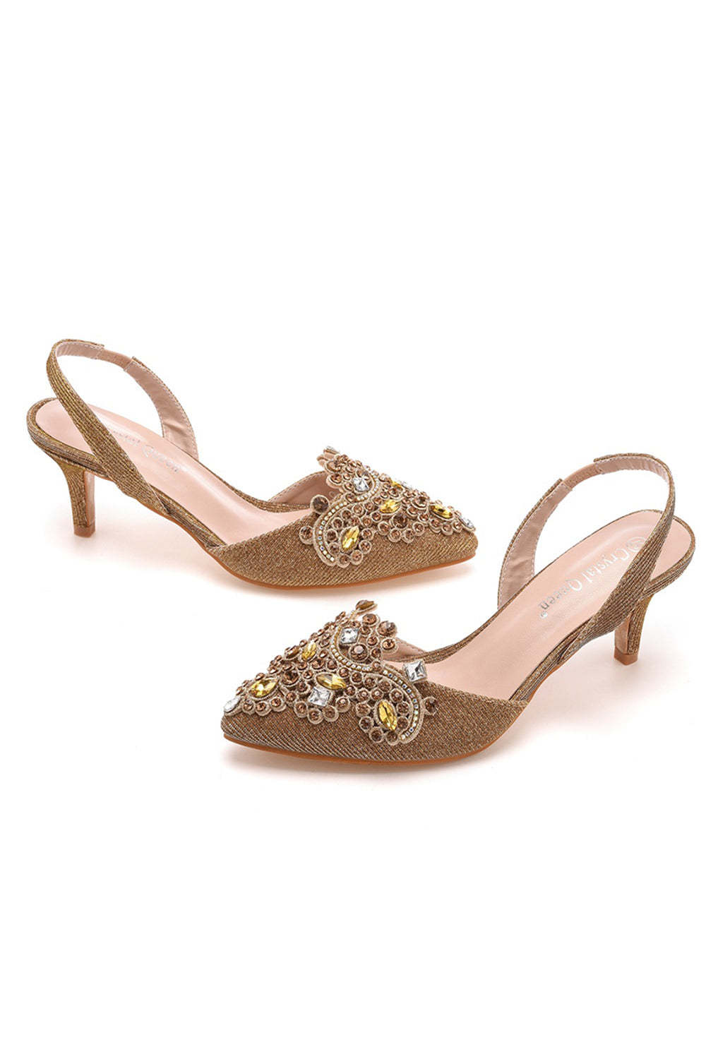 Pointed Toe Black Rhinestone Slingback Sandals with Block Heels