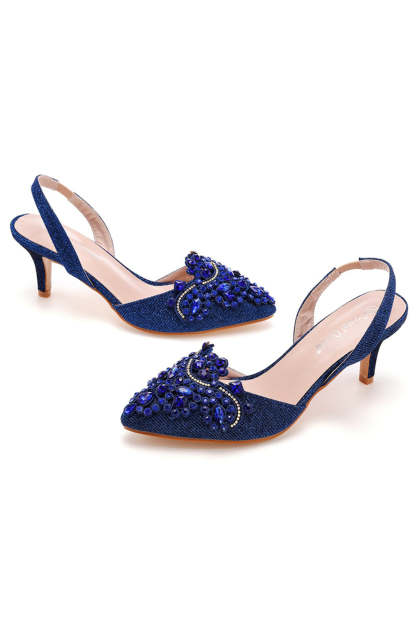 Pointed Toe Black Rhinestone Slingback Sandals with Block Heels