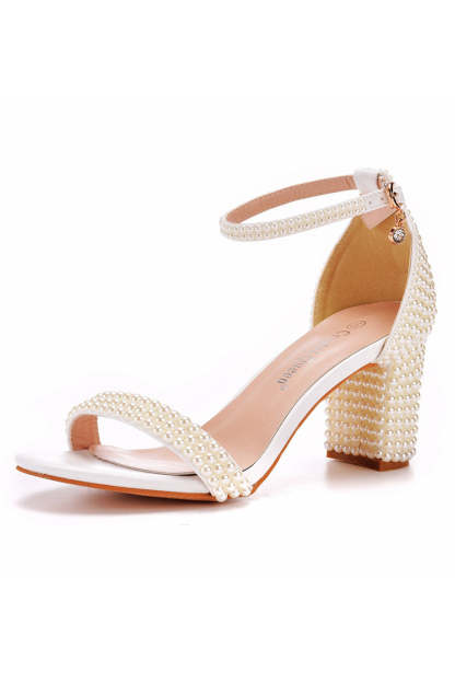 Chunky Heel Open Toe Shoes in Ivory with Pearls