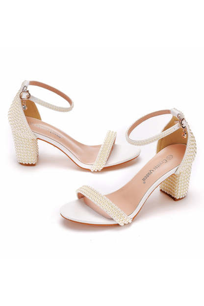 Chunky Heel Open Toe Shoes in Ivory with Pearls