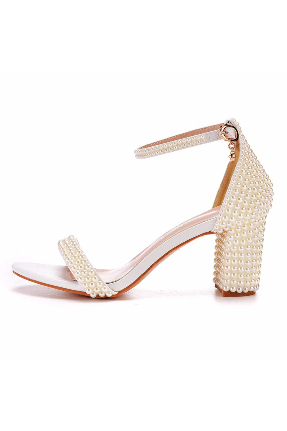 Chunky Heel Open Toe Shoes in Ivory with Pearls