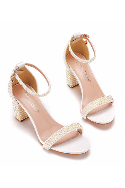 Chunky Heel Open Toe Shoes in Ivory with Pearls