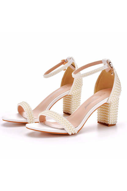Chunky Heel Open Toe Shoes in Ivory with Pearls