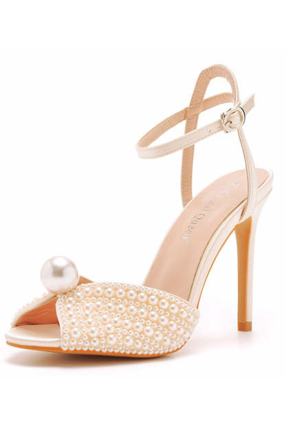 Pearl-Adorned Champagne Stiletto with Open Toe