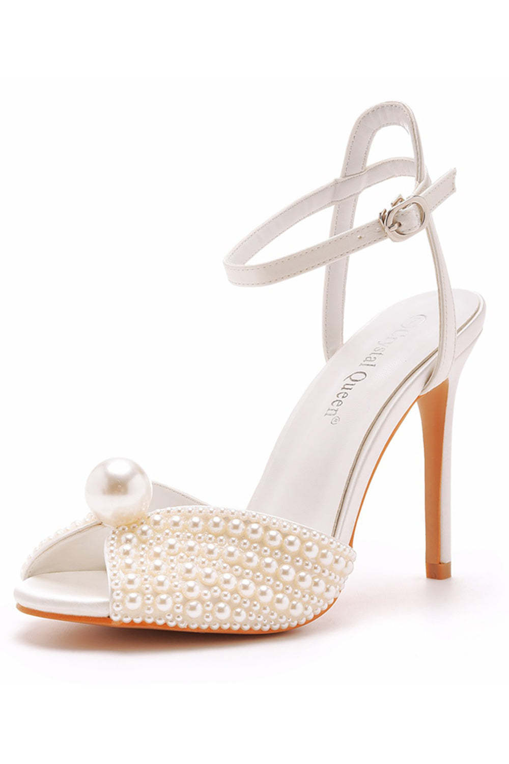Pearl-Adorned Champagne Stiletto with Open Toe