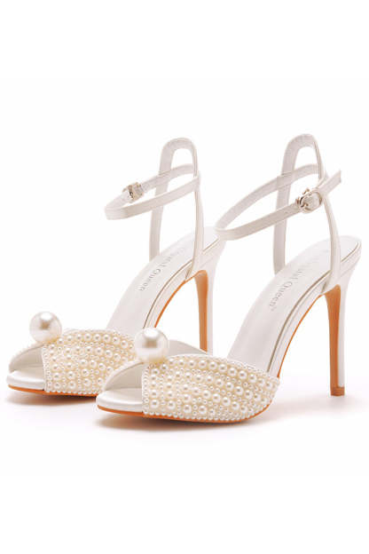 Pearl-Adorned Champagne Stiletto with Open Toe