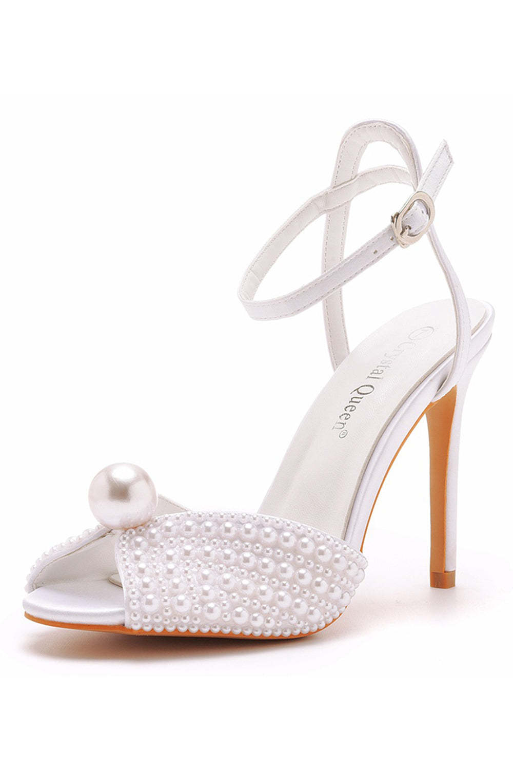 Pearl-Adorned Champagne Stiletto with Open Toe
