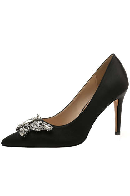 Pointed High Heels with Pink Rhinestone Butterfly