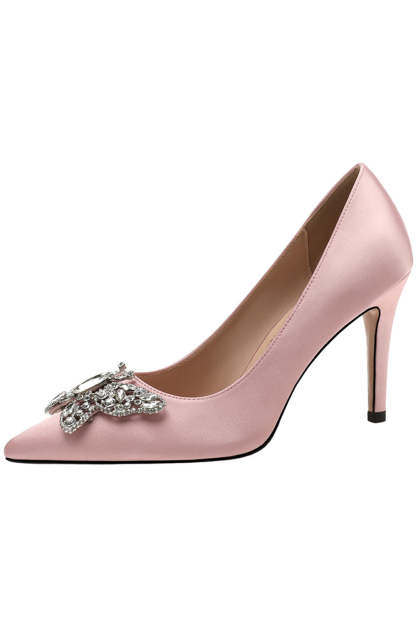 Pointed High Heels with Pink Rhinestone Butterfly