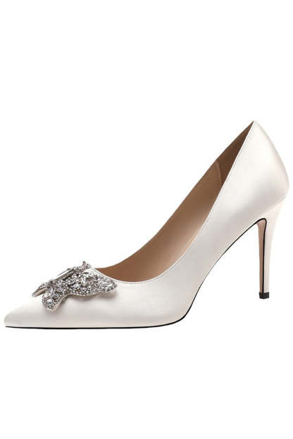 Pointed High Heels with Pink Rhinestone Butterfly