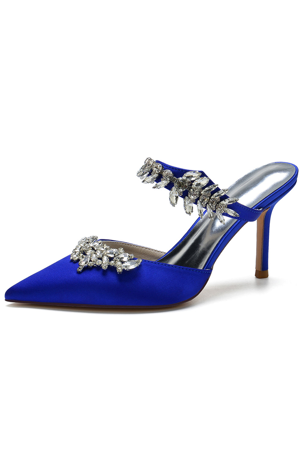 Stiletto Sandals with Rhinestones in Royal Blue and Pointed Toe