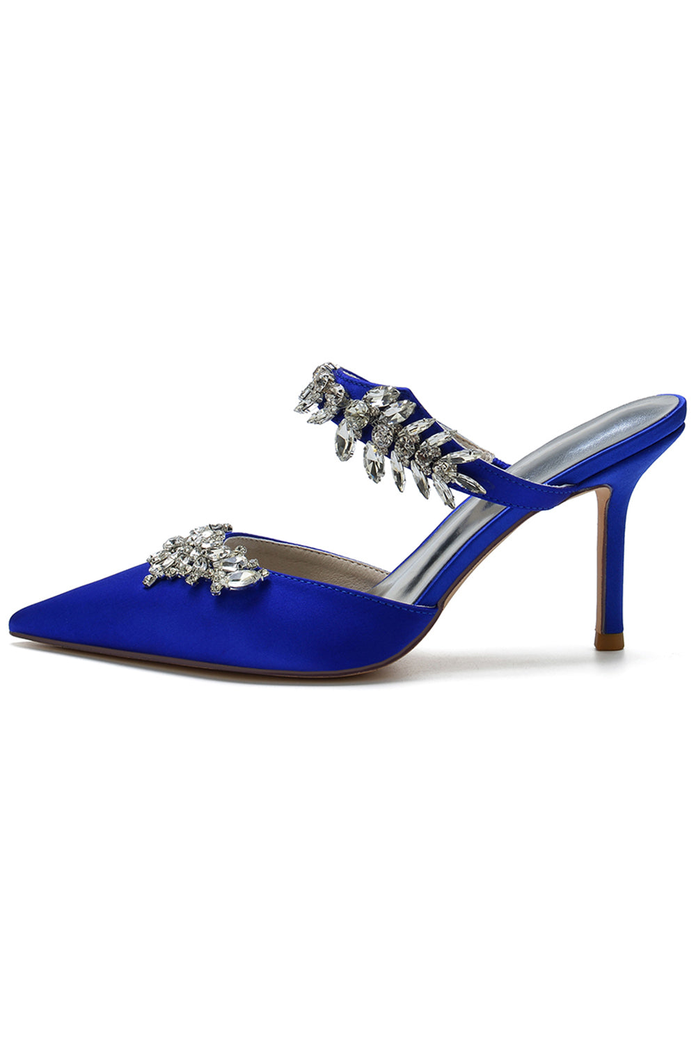 Stiletto Sandals with Rhinestones in Royal Blue and Pointed Toe