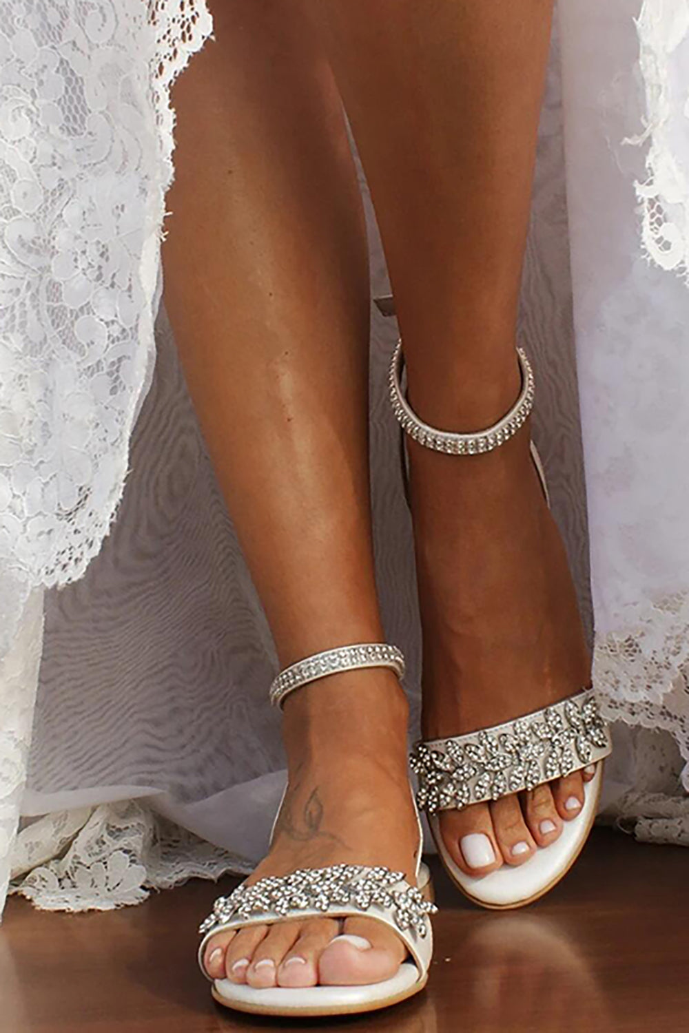 Low Heel Sandal with Golden Rhinestones