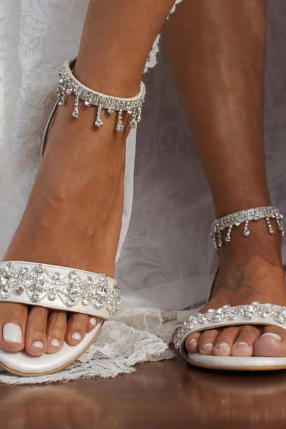 Low Heel Sandal with White Rhinestones