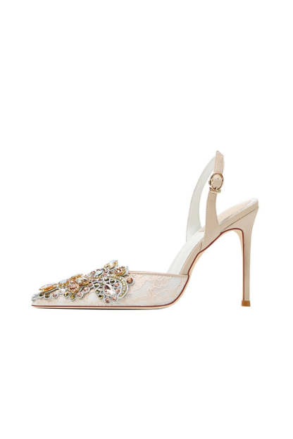High Heels Featuring Rhinestones and Apricot Glitter Lace
