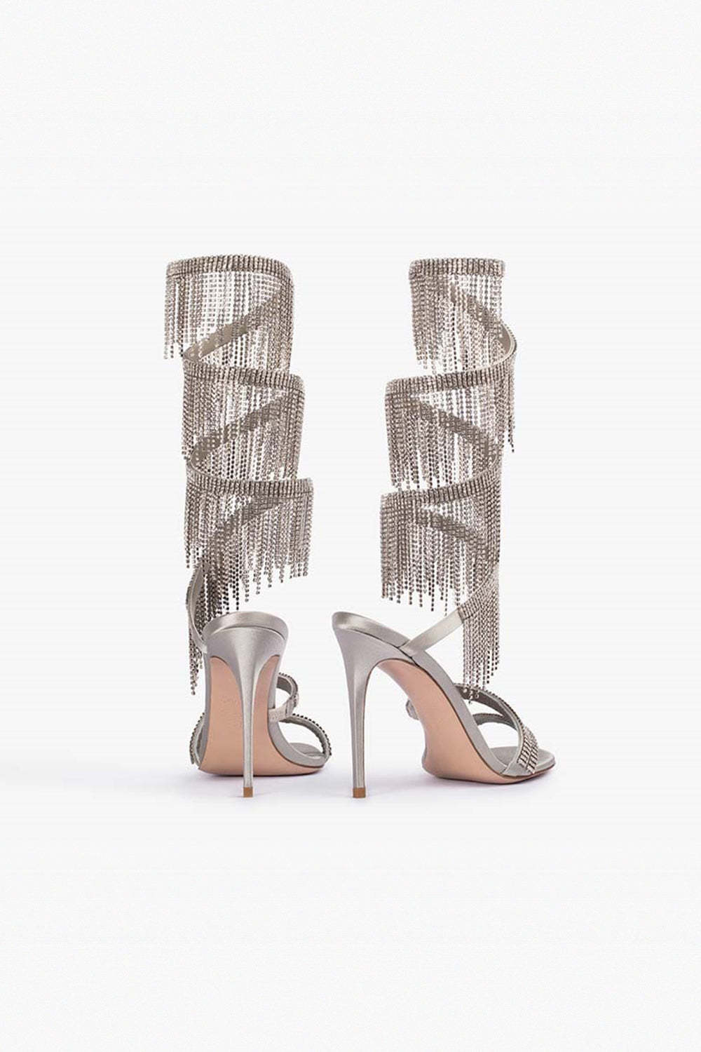 Silver Glitter High Heels with Open Toe Straps and Beaded Tassels
