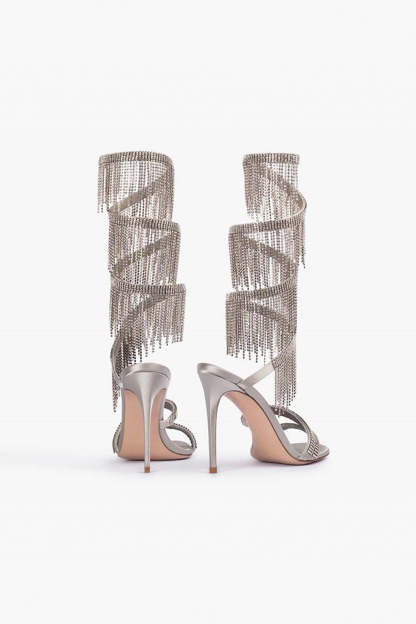Silver Glitter High Heels with Open Toe Straps and Beaded Tassels