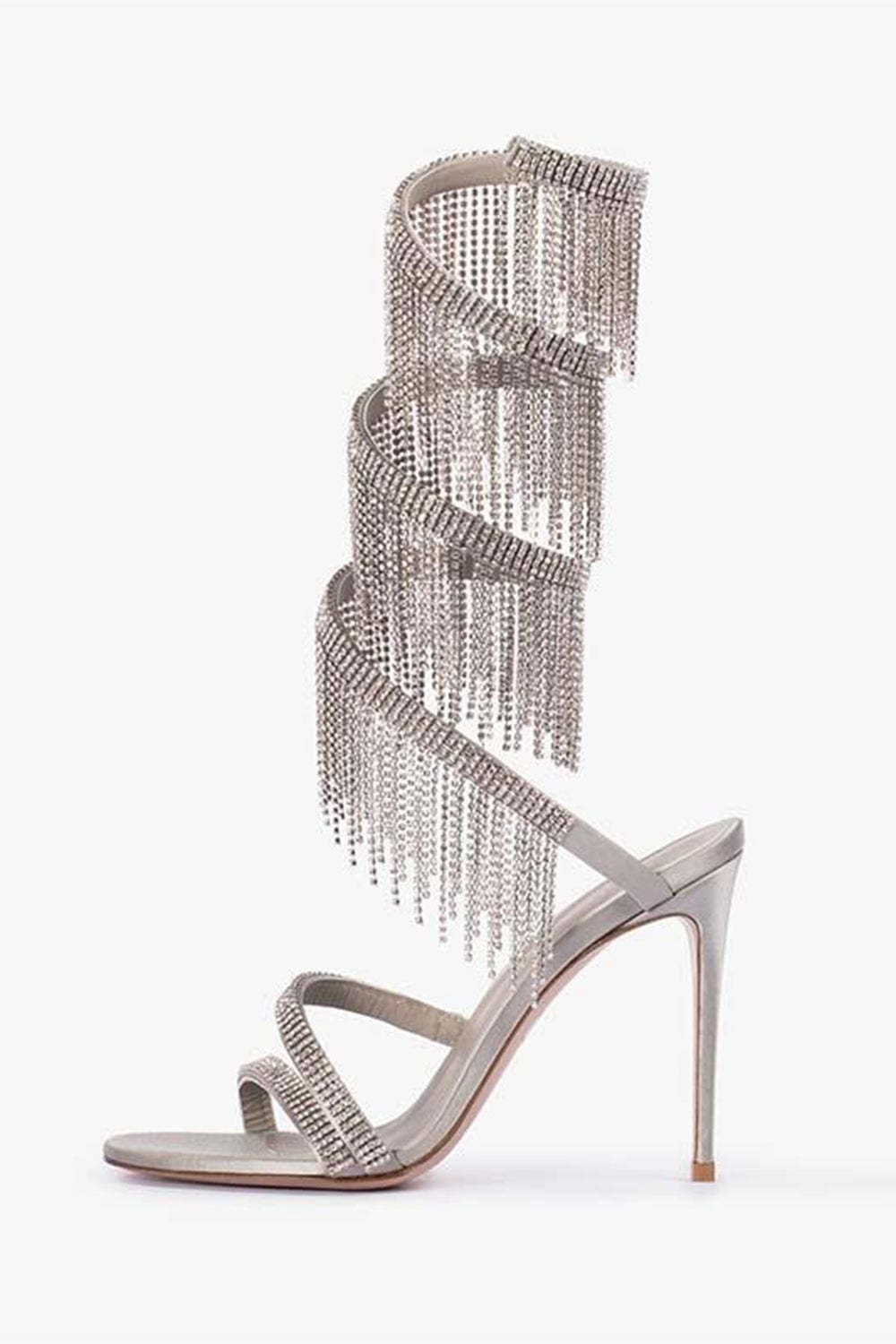 Silver Glitter High Heels with Open Toe Straps and Beaded Tassels