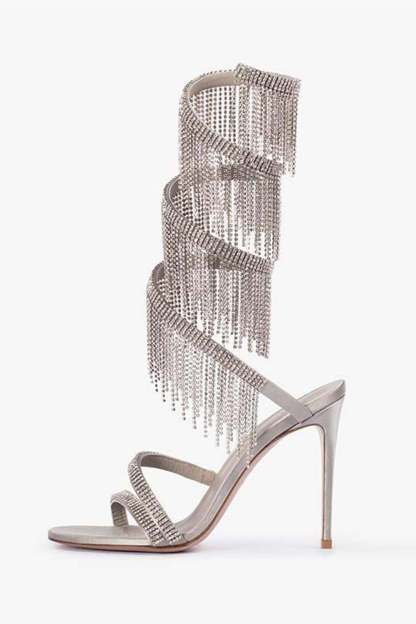 Silver Glitter High Heels with Open Toe Straps and Beaded Tassels