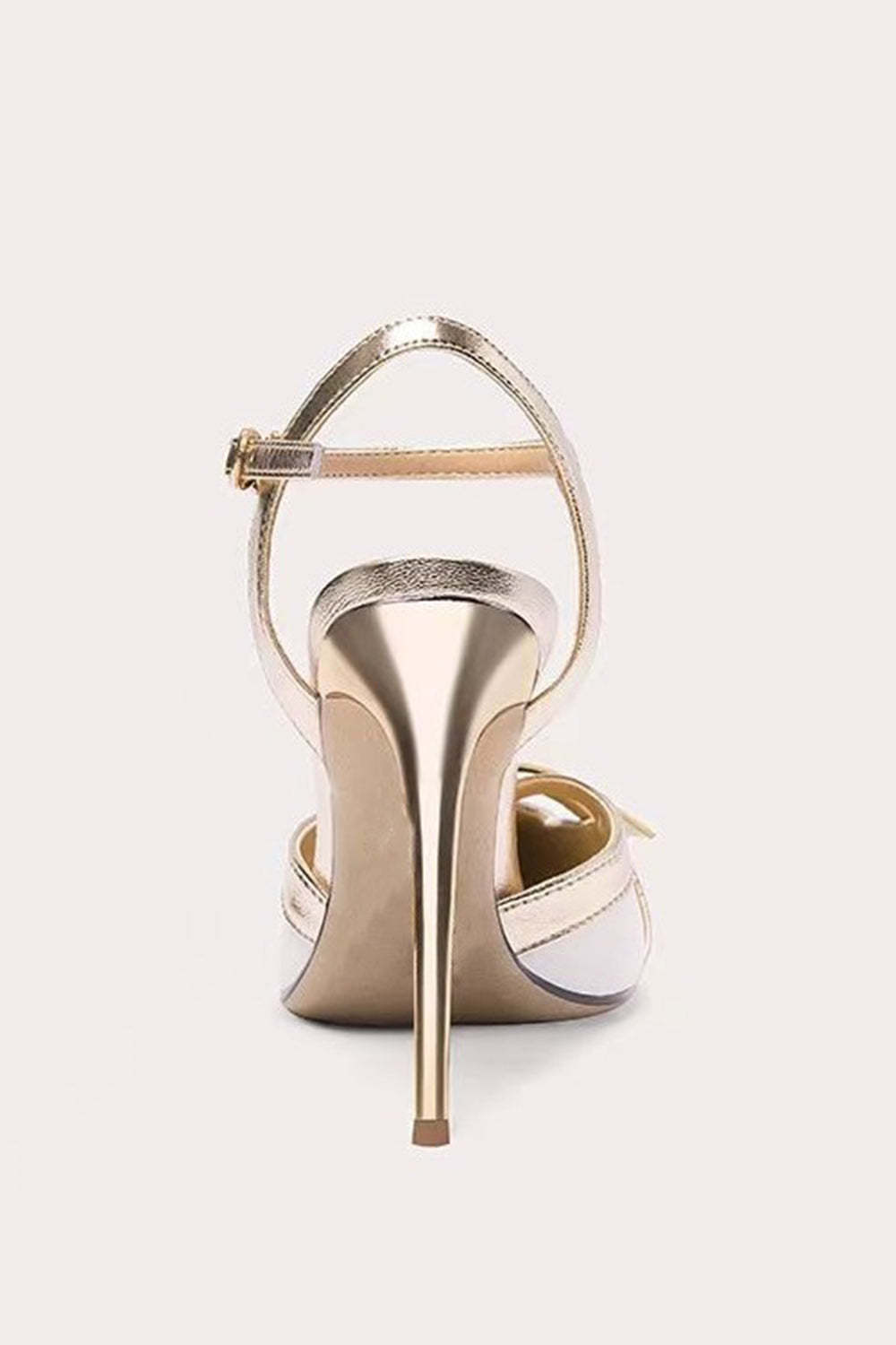 White Sparkly High Heels with Ankle Strap and Pointed Toe Bow