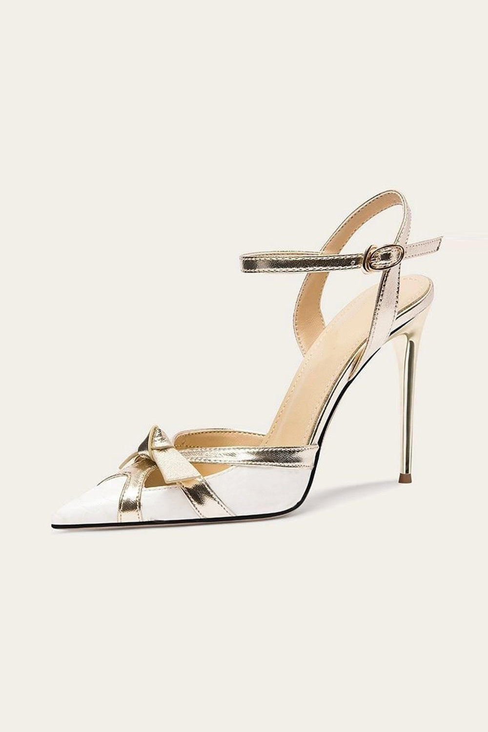 White Sparkly High Heels with Ankle Strap and Pointed Toe Bow