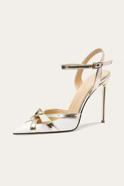 White Sparkly High Heels with Ankle Strap and Pointed Toe Bow