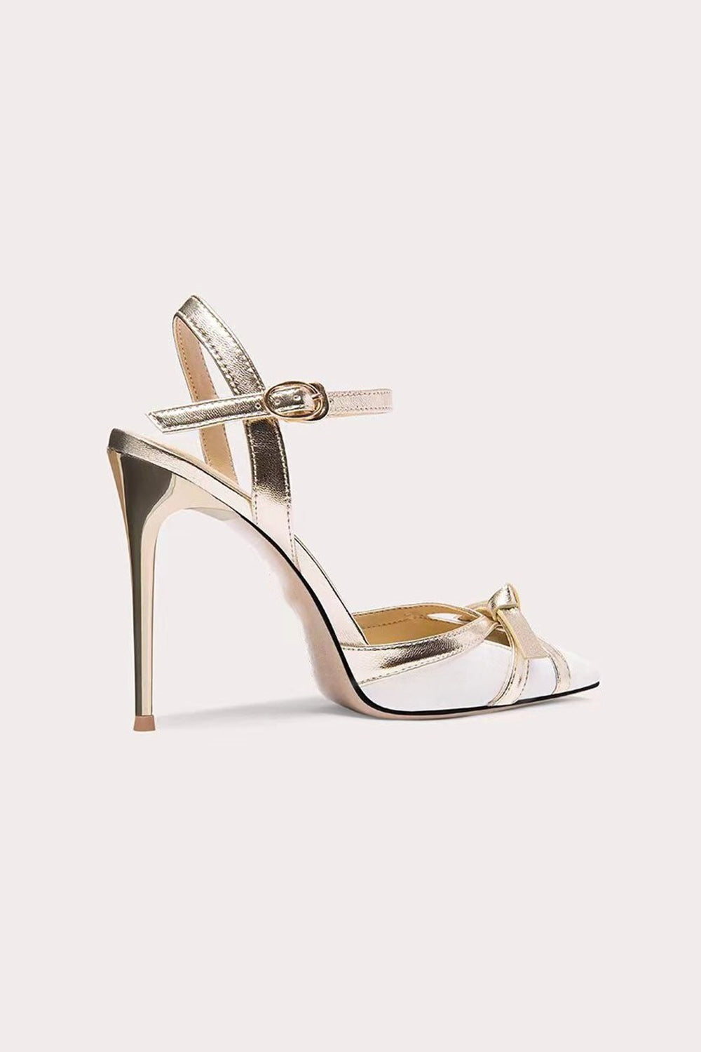 White Sparkly High Heels with Ankle Strap and Pointed Toe Bow
