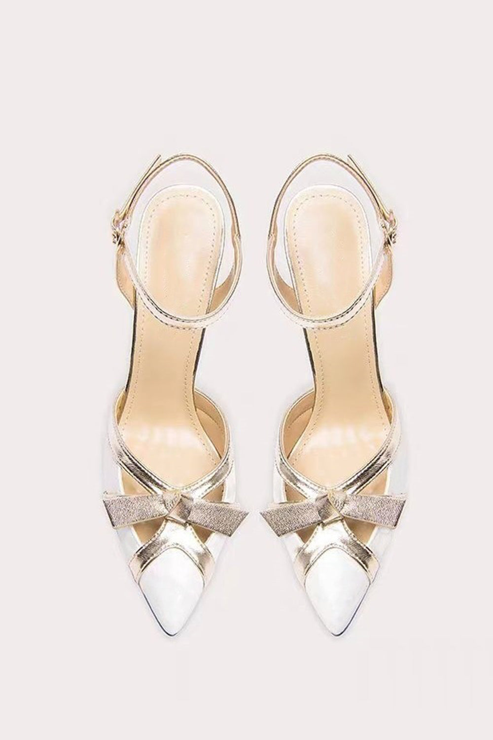 White Sparkly High Heels with Ankle Strap and Pointed Toe Bow