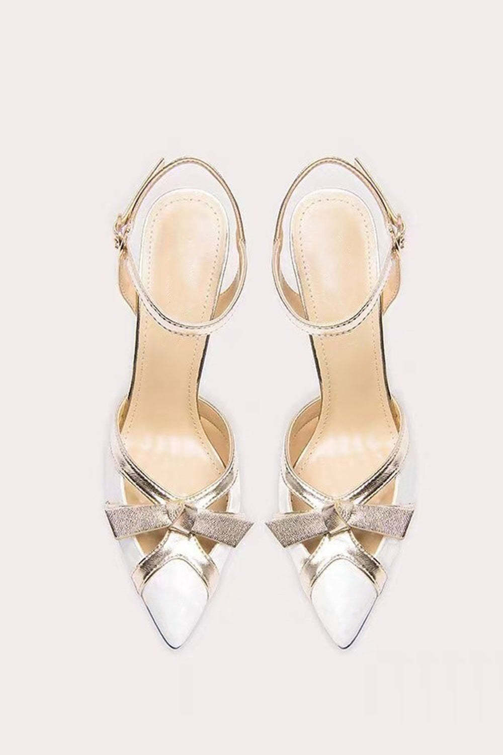 White Sparkly High Heels with Ankle Strap and Pointed Toe Bow